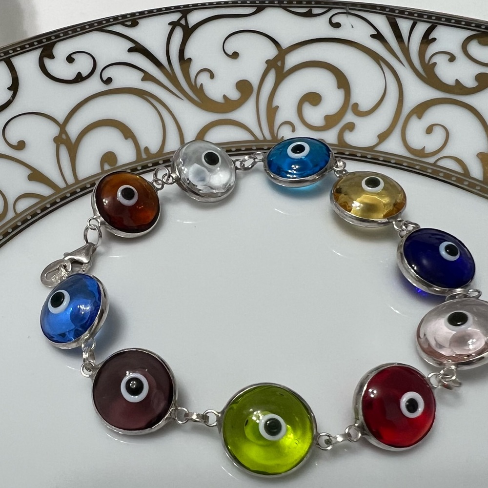 Evil Eye Multicolored Glass/Silver Bracelet
